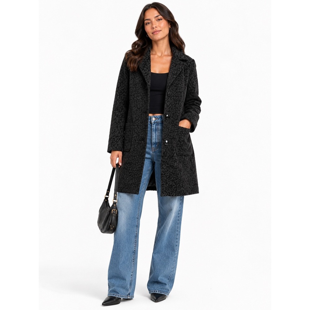 Merona Pea Coat Womens S Black Leopard Print Jacquard Longline Button Jacket